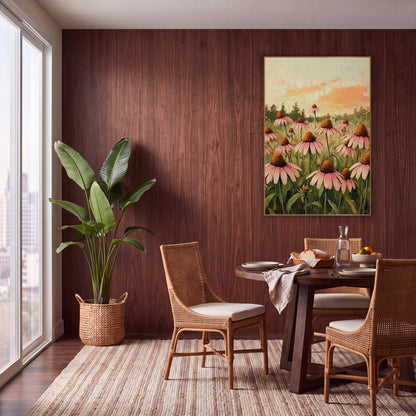 Pink Coneflower Meadow Boho Floral wall art in a warm boho-style room – field of pink coneflowers with orange centers