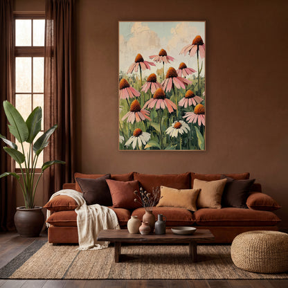 Blush Coneflower Meadow Botanical wall art in a warm boho-style room – pink coneflowers with orange centers and white