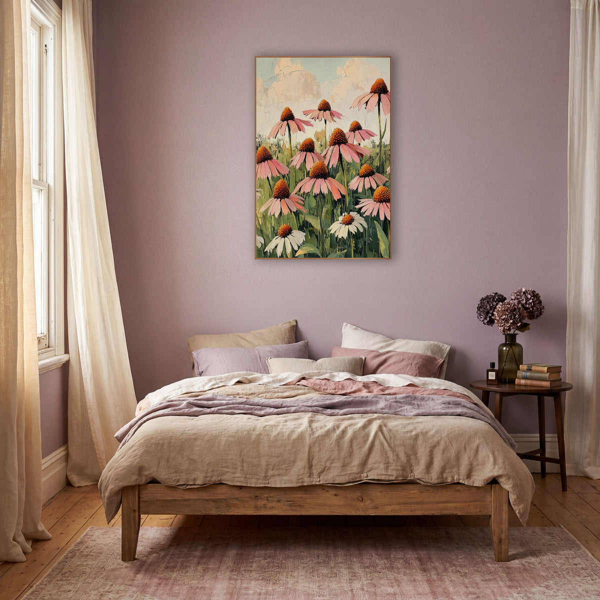 Blush Coneflower Meadow Botanical wall art in a warm boho-style room – pink coneflowers with orange centers and white