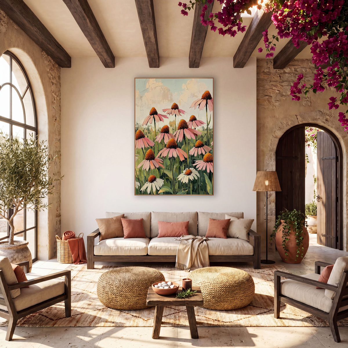 Blush Coneflower Meadow Botanical wall art in a warm boho-style room – pink coneflowers with orange centers and white