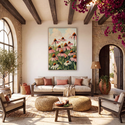 Blush Coneflower Meadow Botanical wall art in a warm boho-style room – pink coneflowers with orange centers and white