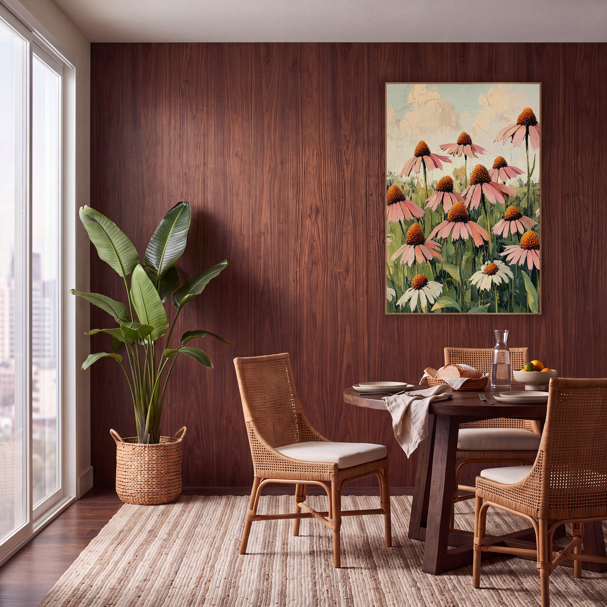 Blush Coneflower Meadow Botanical wall art in a warm boho-style room – pink coneflowers with orange centers and white