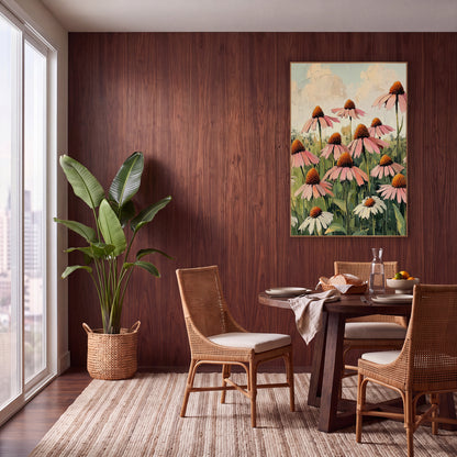 Blush Coneflower Meadow Botanical wall art in a warm boho-style room – pink coneflowers with orange centers and white