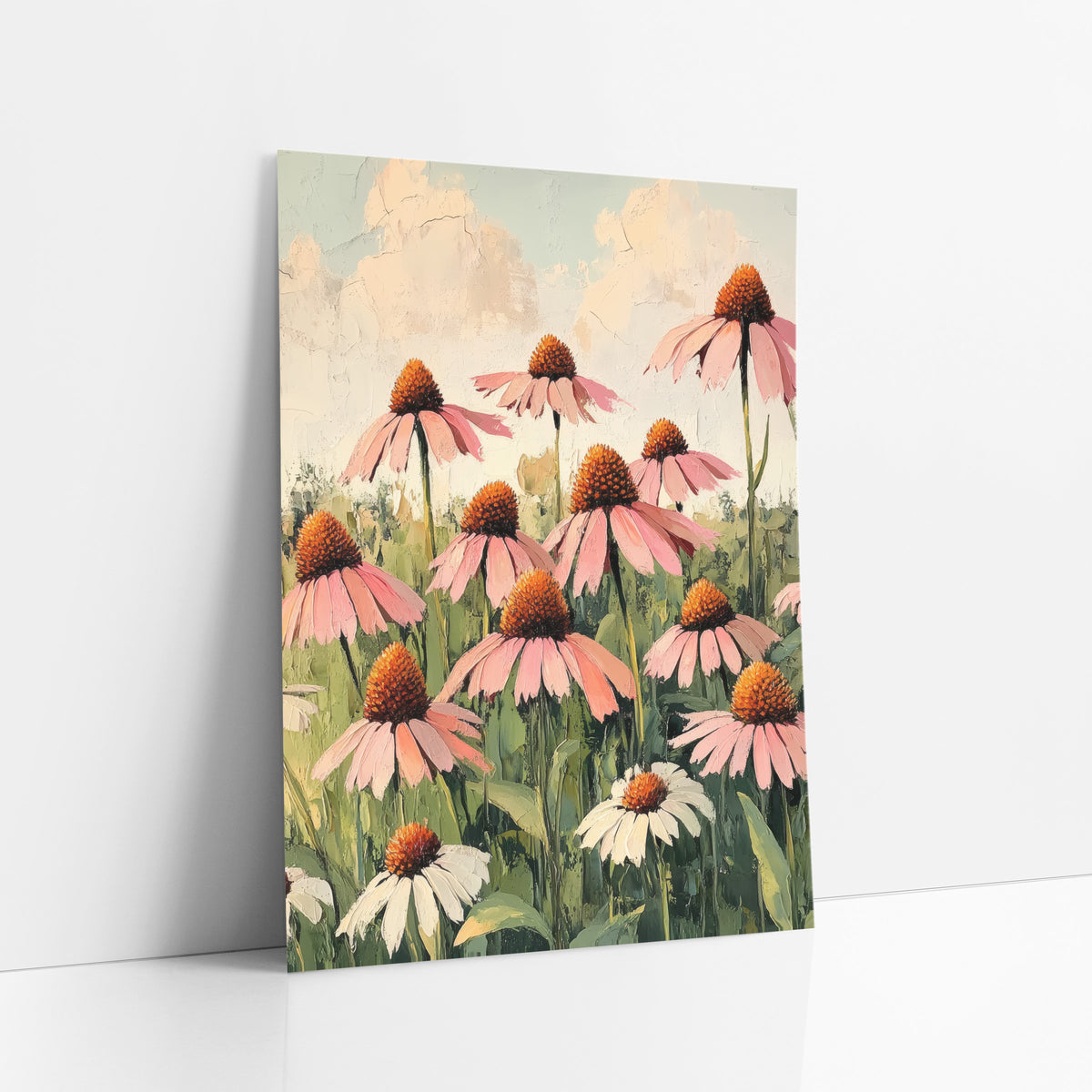 Blush Coneflower Meadow Botanical art print leaning against a white wall – pink coneflowers with orange centers and white
