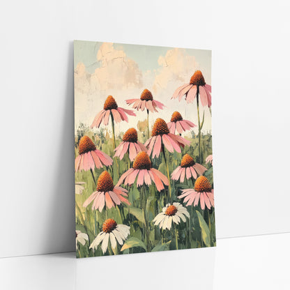 Blush Coneflower Meadow Botanical art print leaning against a white wall – pink coneflowers with orange centers and white