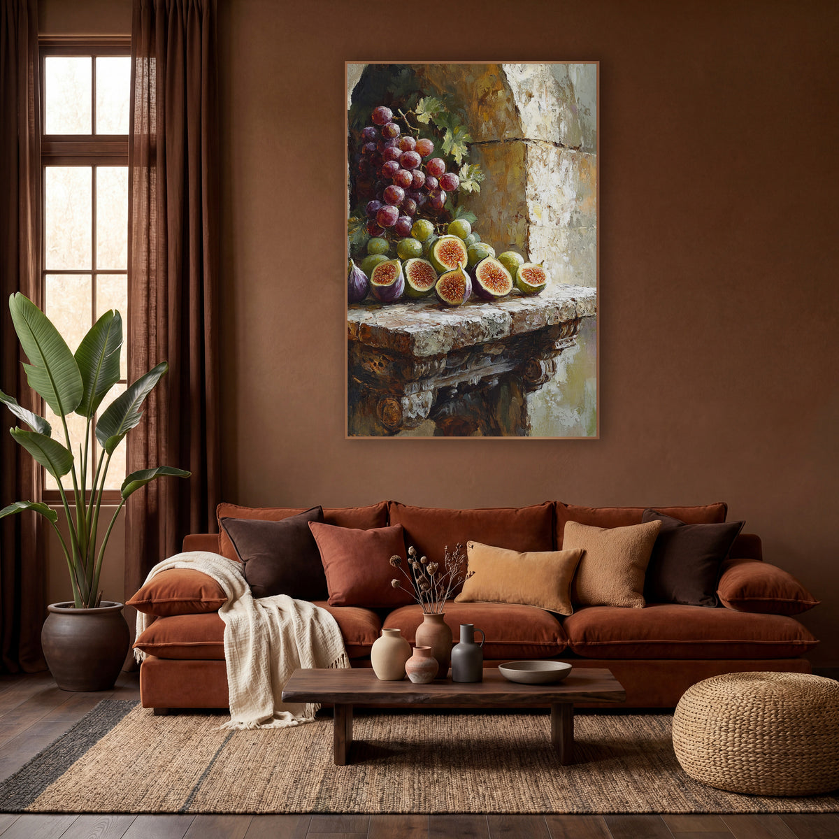Boho Figs Grapes Stone Niche wall art in a warm boho-style room – still life of halved green and purple figs and red