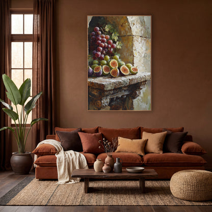 Boho Figs Grapes Stone Niche wall art in a warm boho-style room – still life of halved green and purple figs and red