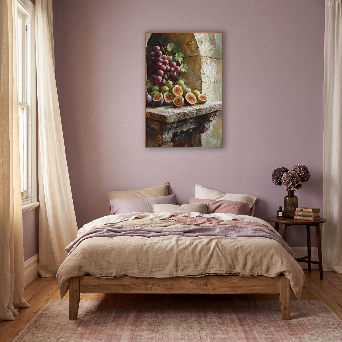Boho Figs Grapes Stone Niche wall art in a warm boho-style room – still life of halved green and purple figs and red