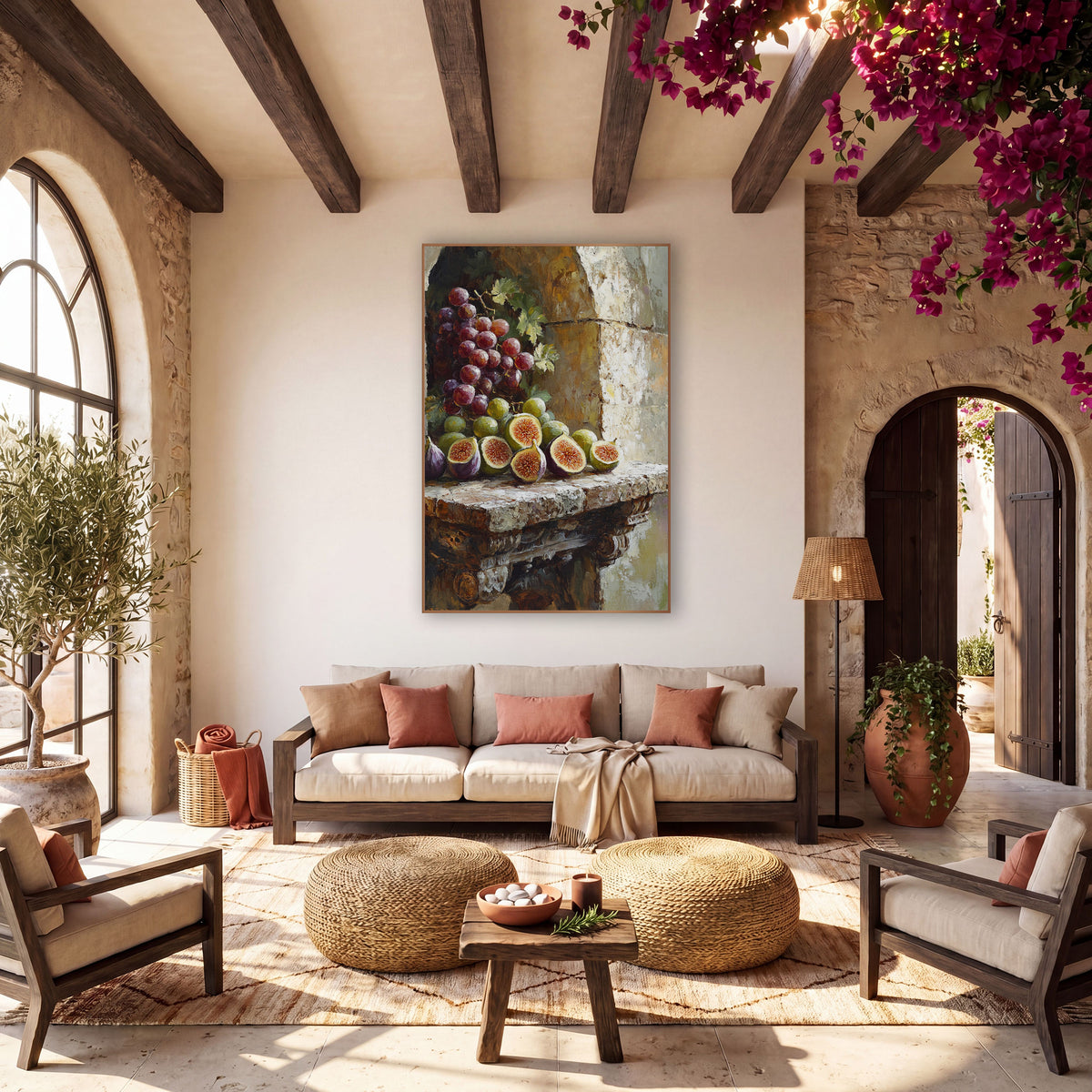 Boho Figs Grapes Stone Niche wall art in a warm boho-style room – still life of halved green and purple figs and red