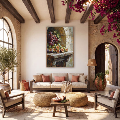 Boho Figs Grapes Stone Niche wall art in a warm boho-style room – still life of halved green and purple figs and red