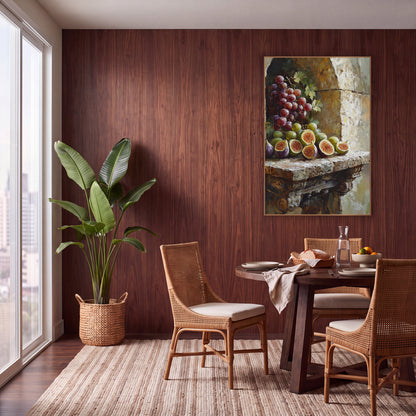 Boho Figs Grapes Stone Niche wall art in a warm boho-style room – still life of halved green and purple figs and red