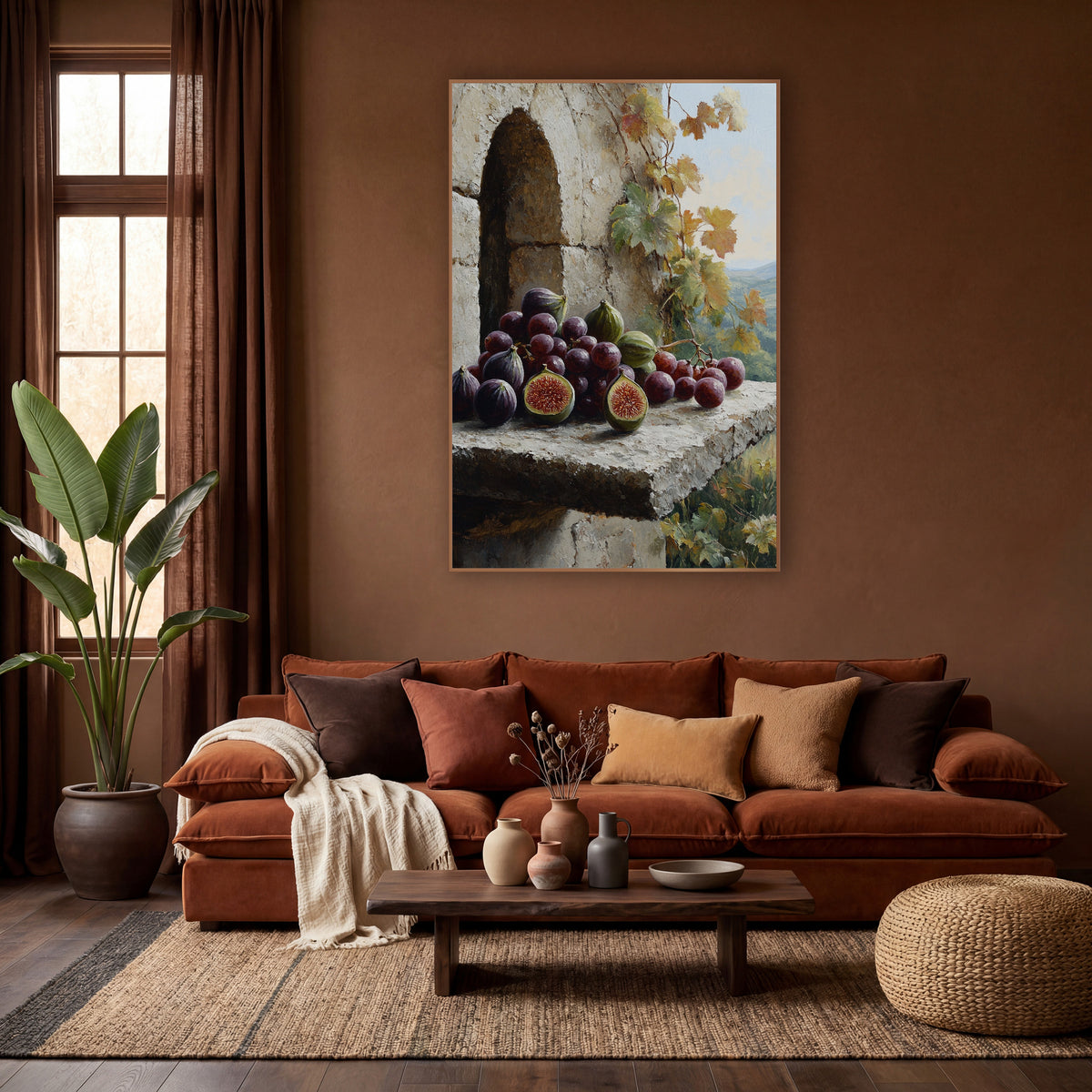 Purple Figs and Grapes Still Life wall art in a warm boho-style room – purple figs and grapes on a rough stone ledge