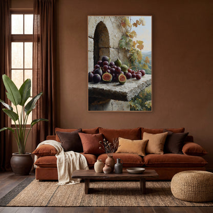 Purple Figs and Grapes Still Life wall art in a warm boho-style room – purple figs and grapes on a rough stone ledge