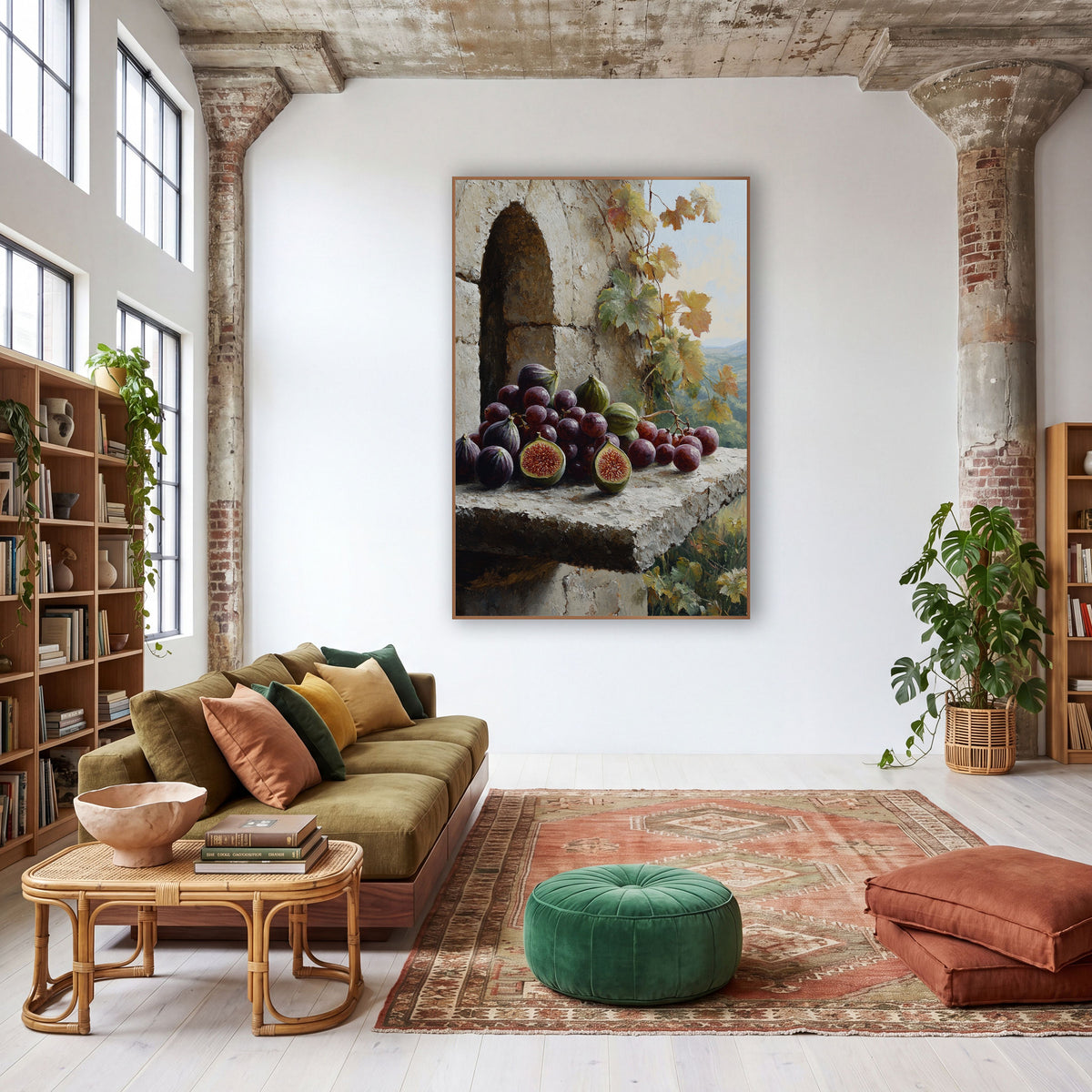 Purple Figs and Grapes Still Life wall art in a warm boho-style room – purple figs and grapes on a rough stone ledge