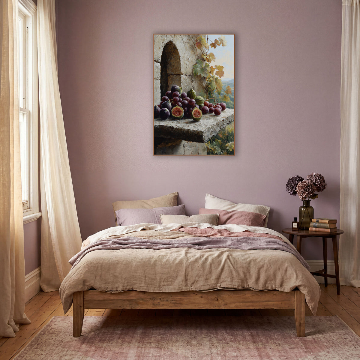 Purple Figs and Grapes Still Life wall art in a warm boho-style room – purple figs and grapes on a rough stone ledge