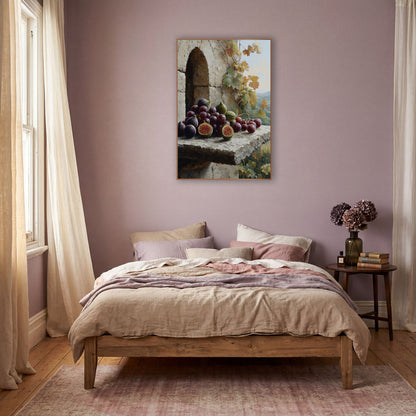 Purple Figs and Grapes Still Life wall art in a warm boho-style room – purple figs and grapes on a rough stone ledge