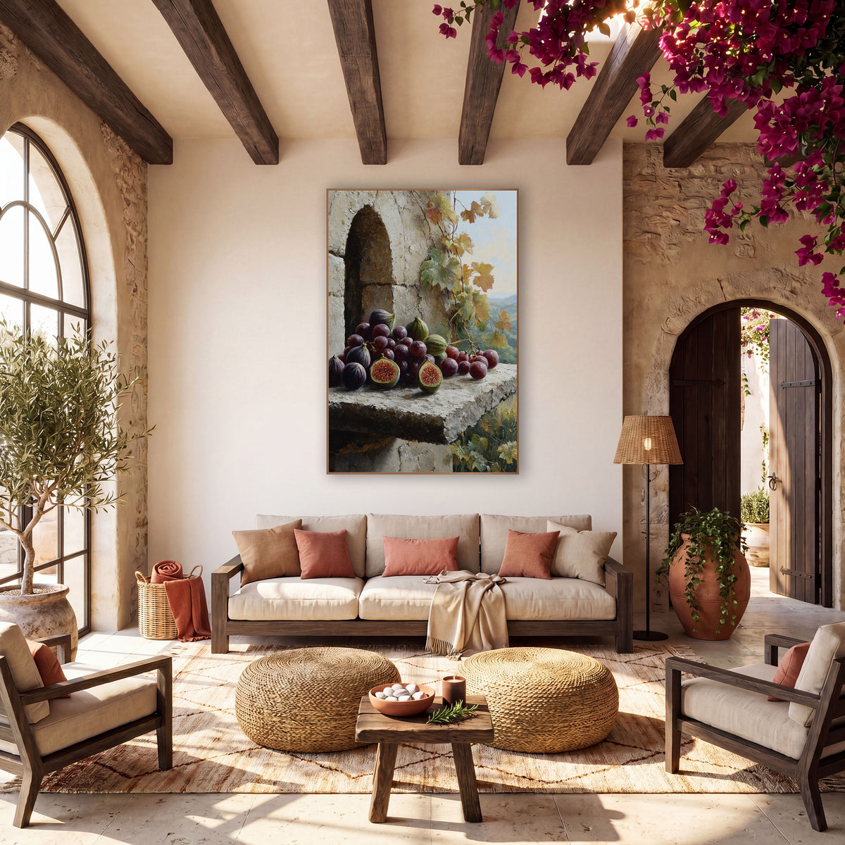 Purple Figs and Grapes Still Life wall art in a warm boho-style room – purple figs and grapes on a rough stone ledge