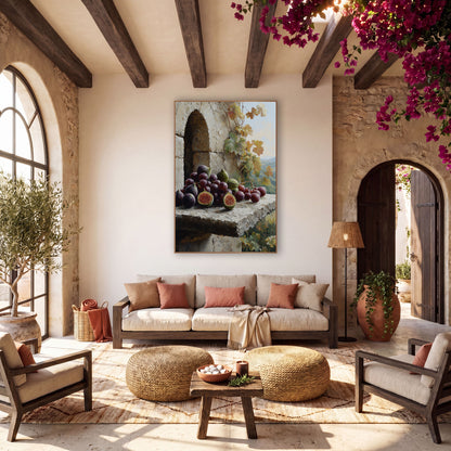 Purple Figs and Grapes Still Life wall art in a warm boho-style room – purple figs and grapes on a rough stone ledge