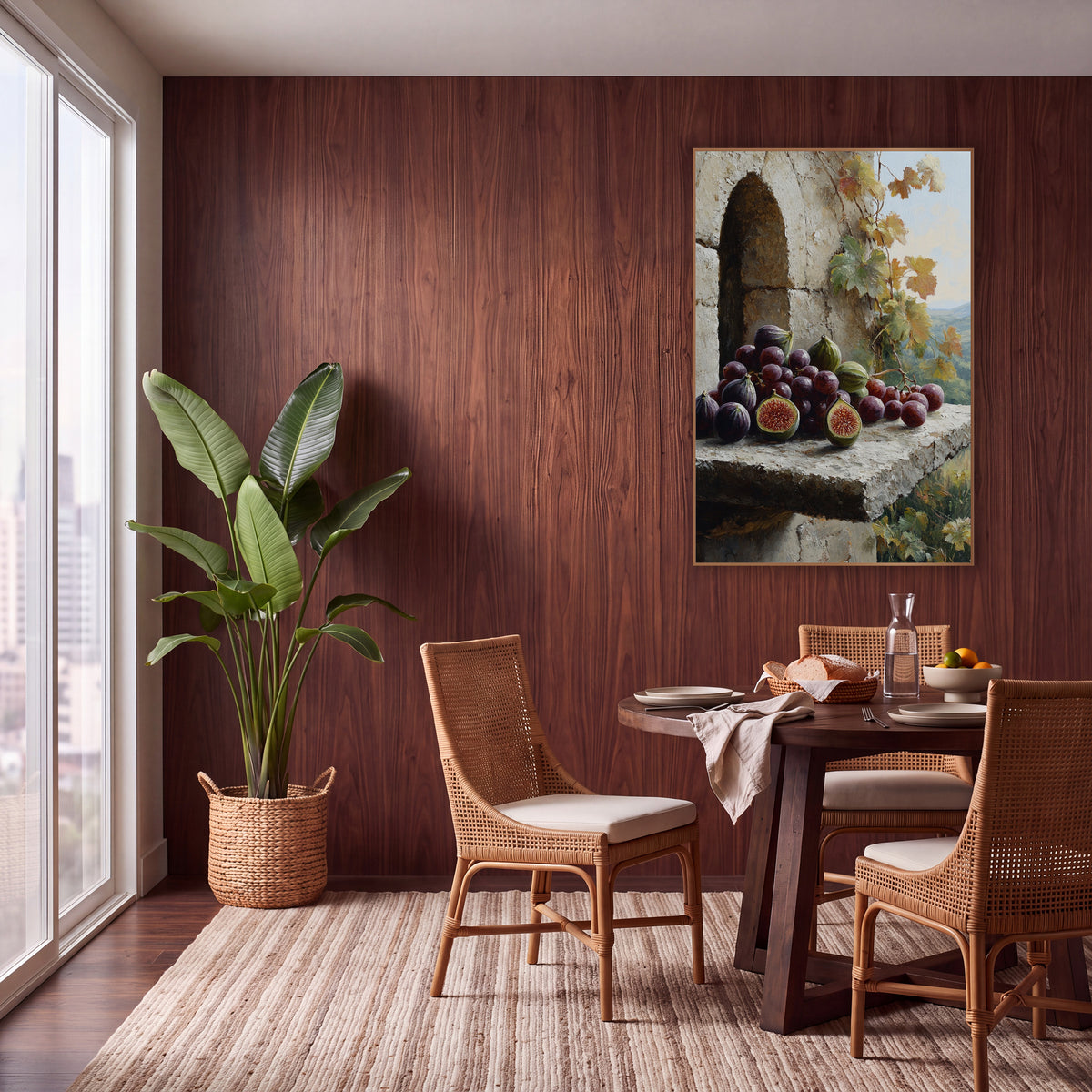 Purple Figs and Grapes Still Life wall art in a warm boho-style room – purple figs and grapes on a rough stone ledge