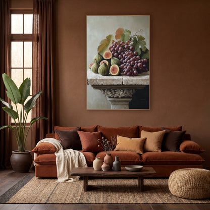 Pedestal Plum Grapes Classical Still Life wall art in a warm boho-style room – still life of halved figs and purple