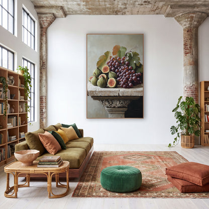 Pedestal Plum Grapes Classical Still Life wall art in a warm boho-style room – still life of halved figs and purple