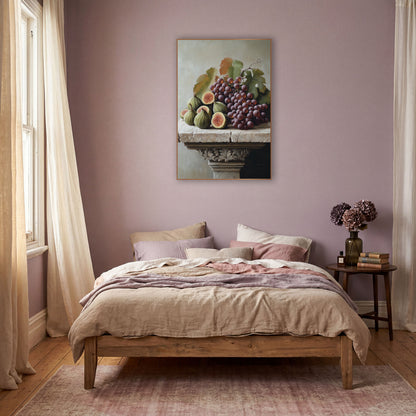 Pedestal Plum Grapes Classical Still Life wall art in a warm boho-style room – still life of halved figs and purple