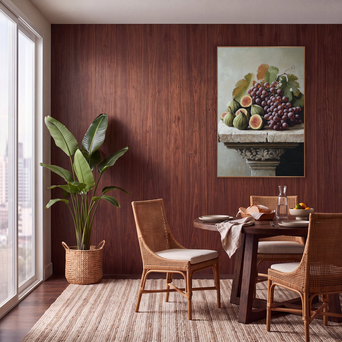Pedestal Plum Grapes Classical Still Life wall art in a warm boho-style room – still life of halved figs and purple