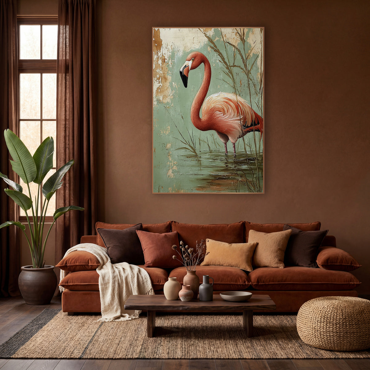 Sage Wall Flamingo Boho wall art in a warm boho-style room – coral pink flamingo standing in shallow water among tall