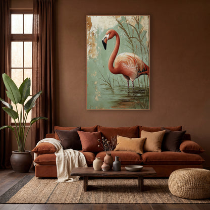 Sage Wall Flamingo Boho wall art in a warm boho-style room – coral pink flamingo standing in shallow water among tall