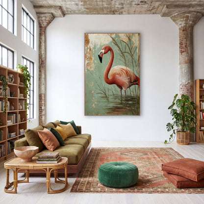 Sage Wall Flamingo Boho wall art in a warm boho-style room – coral pink flamingo standing in shallow water among tall