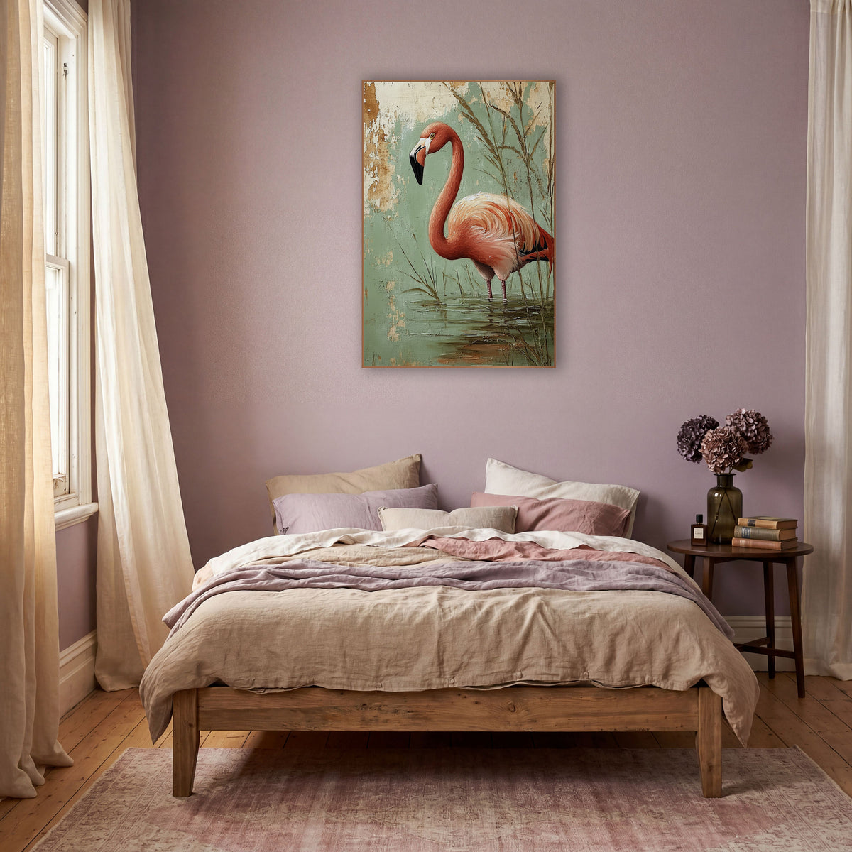 Sage Wall Flamingo Boho wall art in a warm boho-style room – coral pink flamingo standing in shallow water among tall