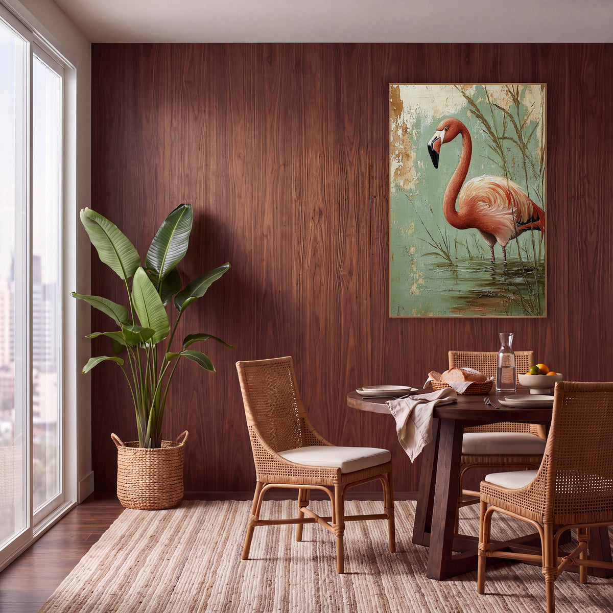 Sage Wall Flamingo Boho wall art in a warm boho-style room – coral pink flamingo standing in shallow water among tall