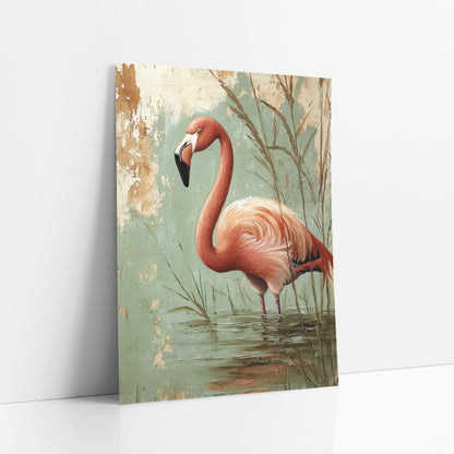 Sage Wall Flamingo Boho art print leaning against a white wall – coral pink flamingo standing in shallow water among tall