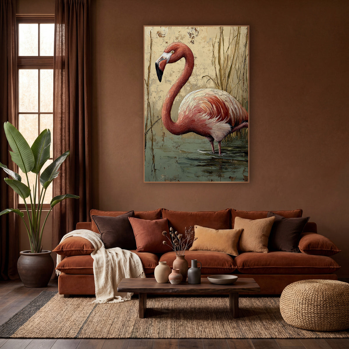 Coral Flamingo Reeds Boho Wildlife wall art in a warm boho-style room – coral pink flamingo with curved neck wading