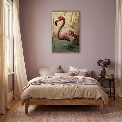 Coral Flamingo Reeds Boho Wildlife wall art in a warm boho-style room – coral pink flamingo with curved neck wading