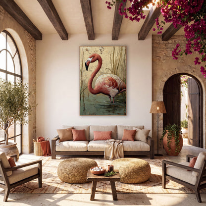 Coral Flamingo Reeds Boho Wildlife wall art in a warm boho-style room – coral pink flamingo with curved neck wading
