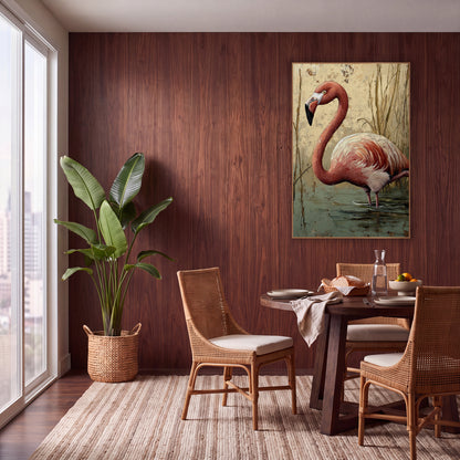 Coral Flamingo Reeds Boho Wildlife wall art in a warm boho-style room – coral pink flamingo with curved neck wading