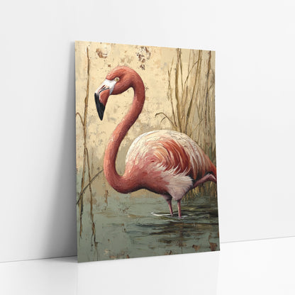 Coral Flamingo Reeds Boho Wildlife art print leaning against a white wall – coral pink flamingo with curved neck wading