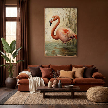 Cream Plaster Flamingo Rustic wall art in a warm boho-style room – coral-pink flamingo wading in gray-green water