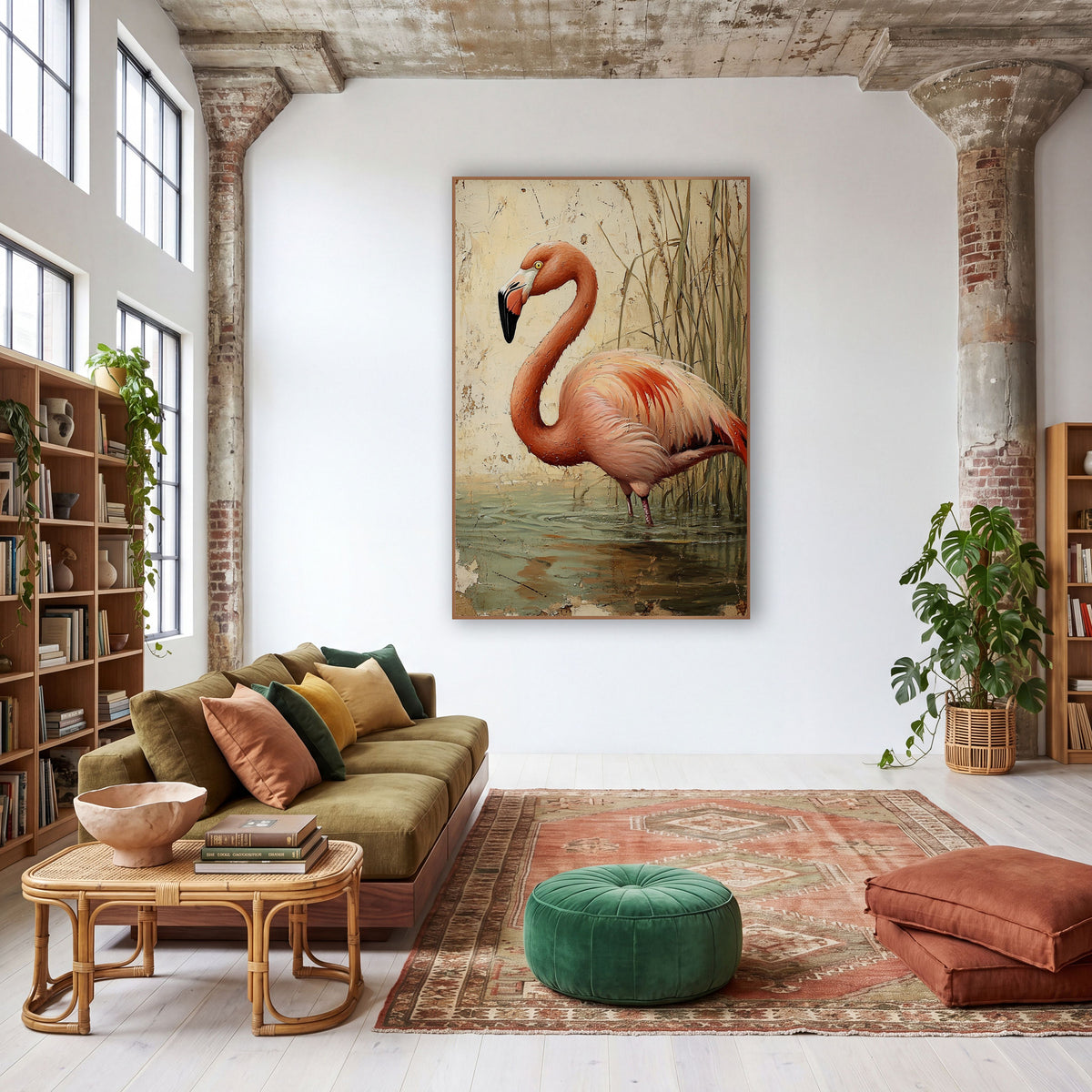 Cream Plaster Flamingo Rustic wall art in a warm boho-style room – coral-pink flamingo wading in gray-green water