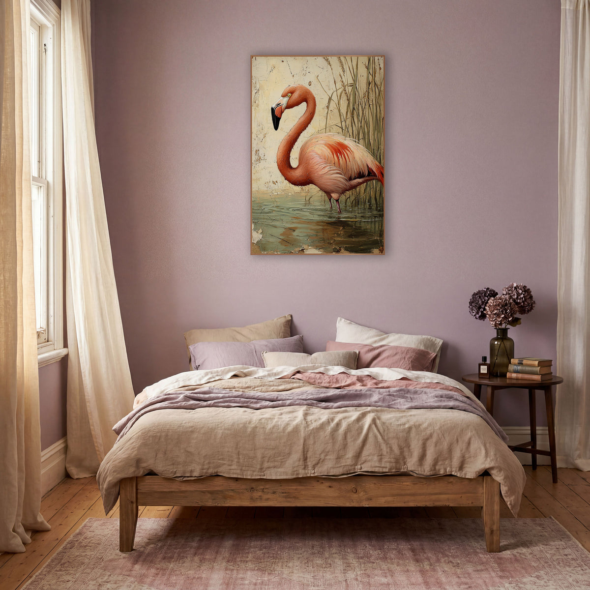 Cream Plaster Flamingo Rustic wall art in a warm boho-style room – coral-pink flamingo wading in gray-green water