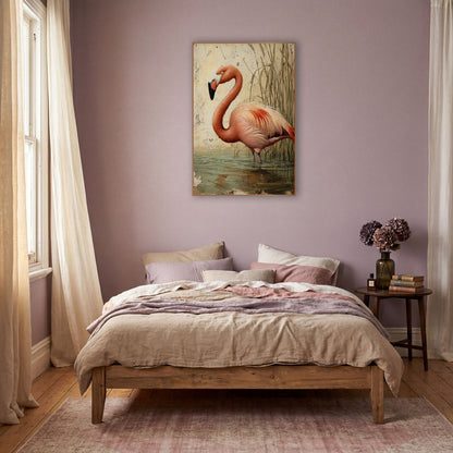 Cream Plaster Flamingo Rustic wall art in a warm boho-style room – coral-pink flamingo wading in gray-green water