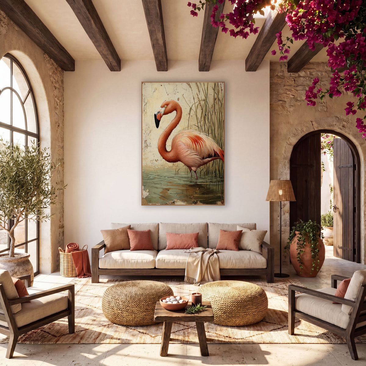 Cream Plaster Flamingo Rustic wall art in a warm boho-style room – coral-pink flamingo wading in gray-green water