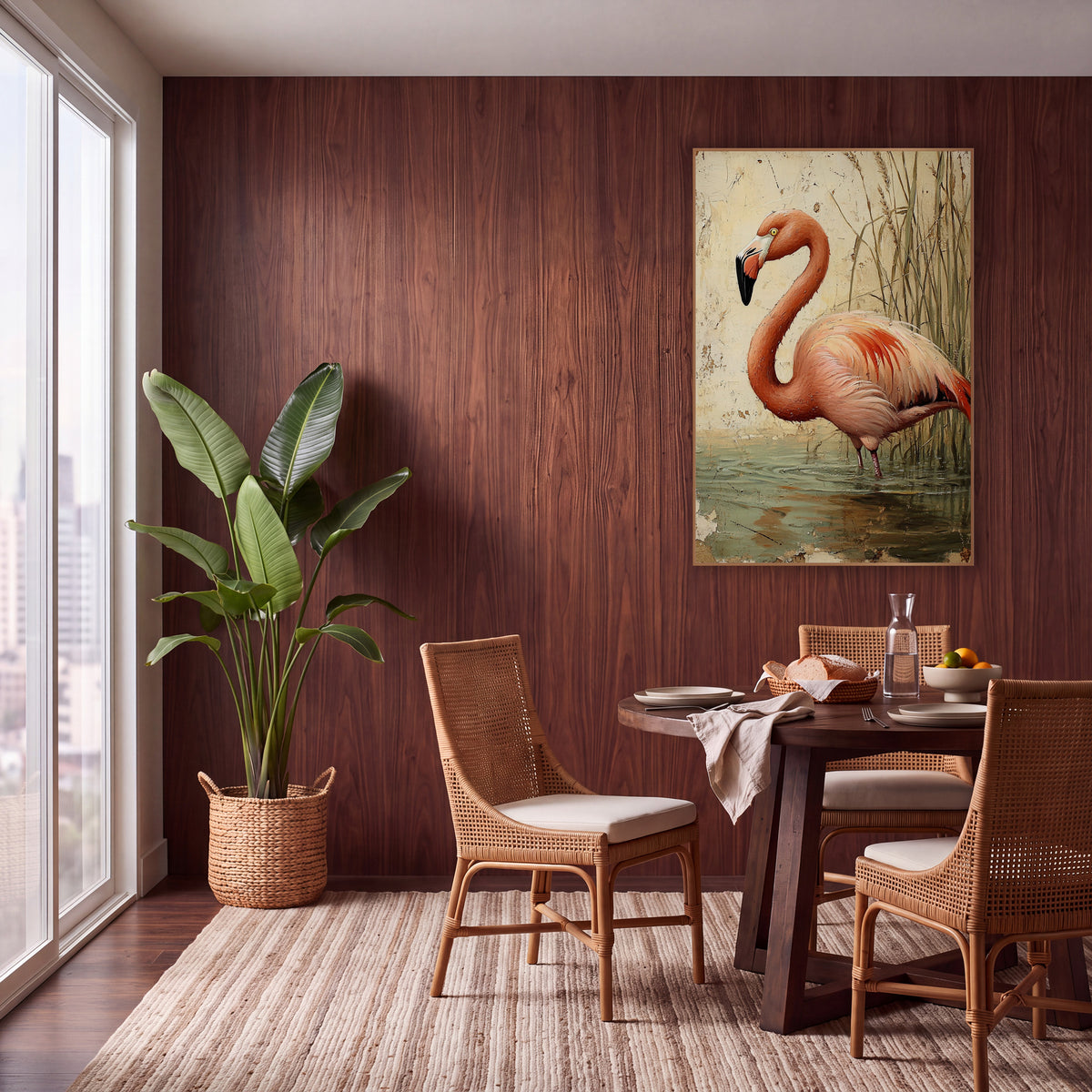 Cream Plaster Flamingo Rustic wall art in a warm boho-style room – coral-pink flamingo wading in gray-green water