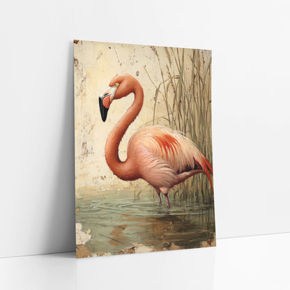 Cream Plaster Flamingo Rustic art print leaning against a white wall – coral-pink flamingo wading in gray-green water
