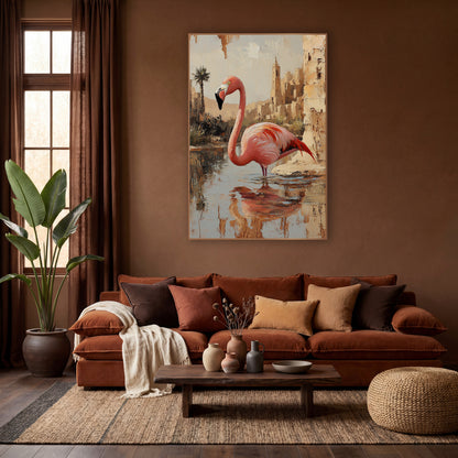 Coral Flamingo Palm Tower Boho wall art in a warm boho-style room – pink flamingo standing in a desert oasis pool