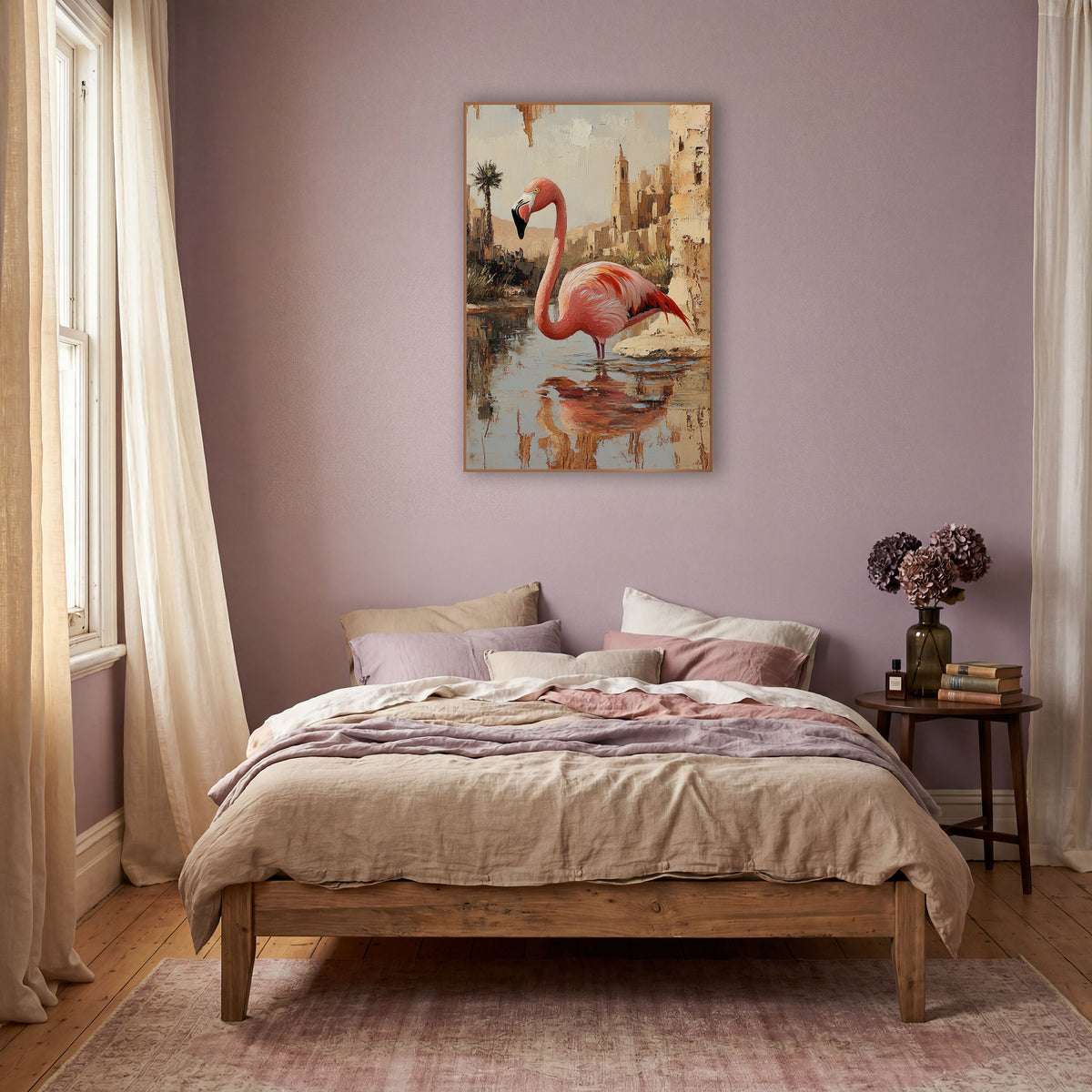 Coral Flamingo Palm Tower Boho wall art in a warm boho-style room – pink flamingo standing in a desert oasis pool