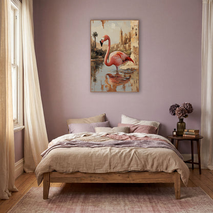 Coral Flamingo Palm Tower Boho wall art in a warm boho-style room – pink flamingo standing in a desert oasis pool