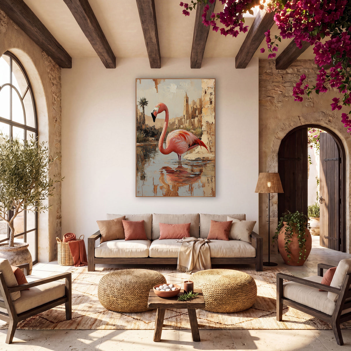 Coral Flamingo Palm Tower Boho wall art in a warm boho-style room – pink flamingo standing in a desert oasis pool