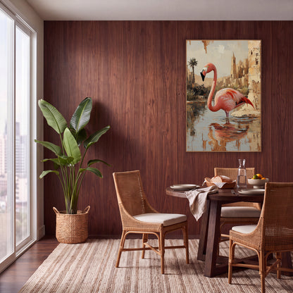 Coral Flamingo Palm Tower Boho wall art in a warm boho-style room – pink flamingo standing in a desert oasis pool